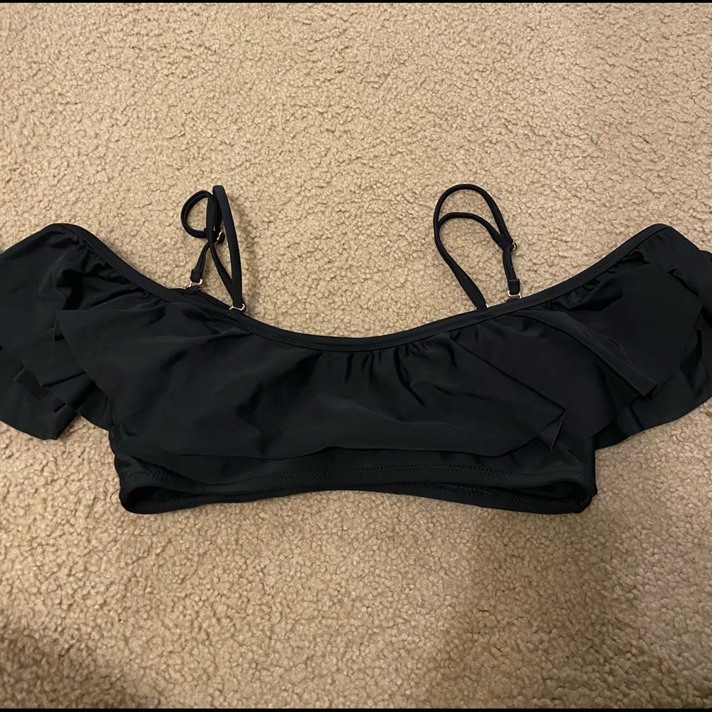 black ruffle off the shoulder swim suit